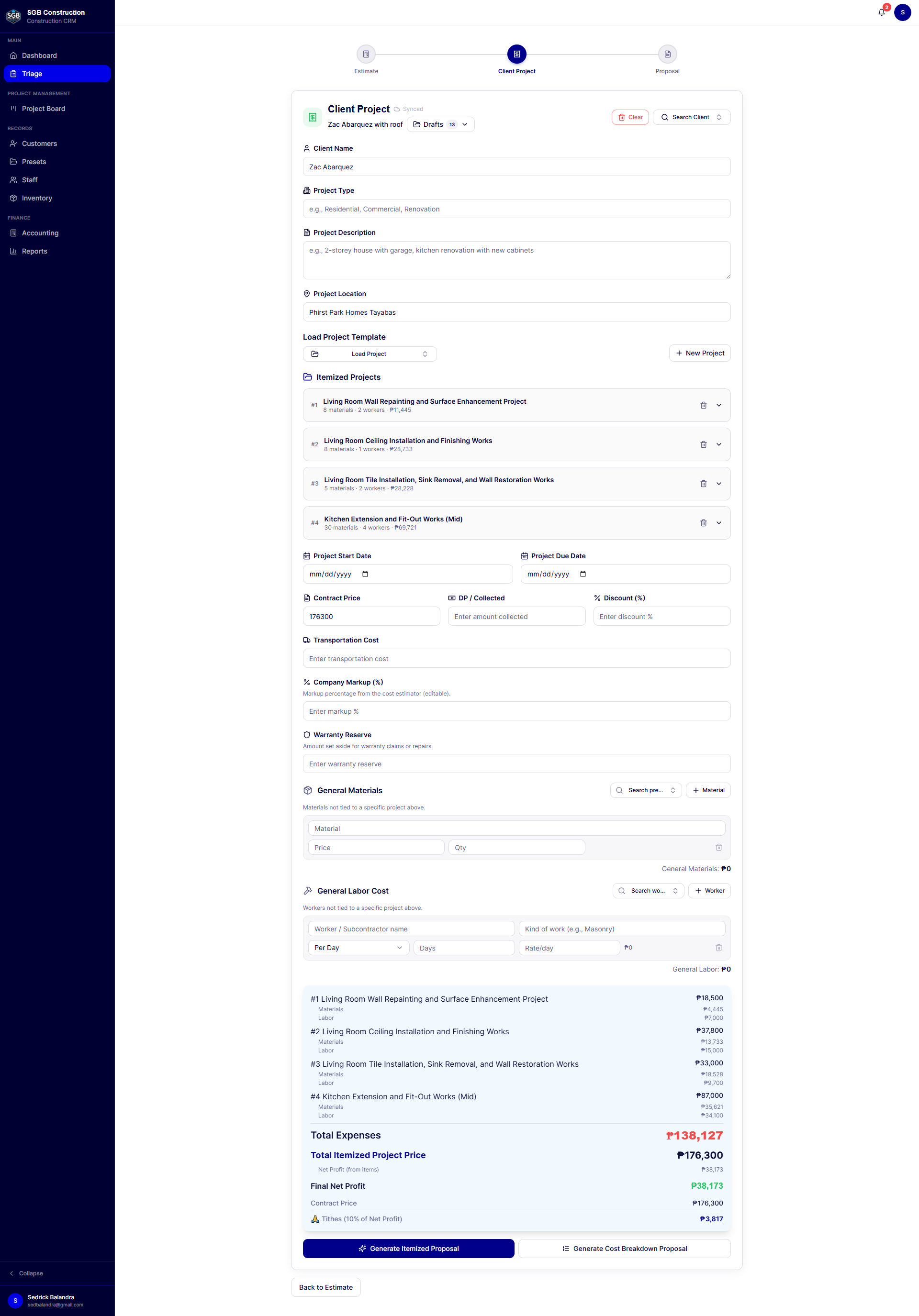 Client project with itemized cost breakdown