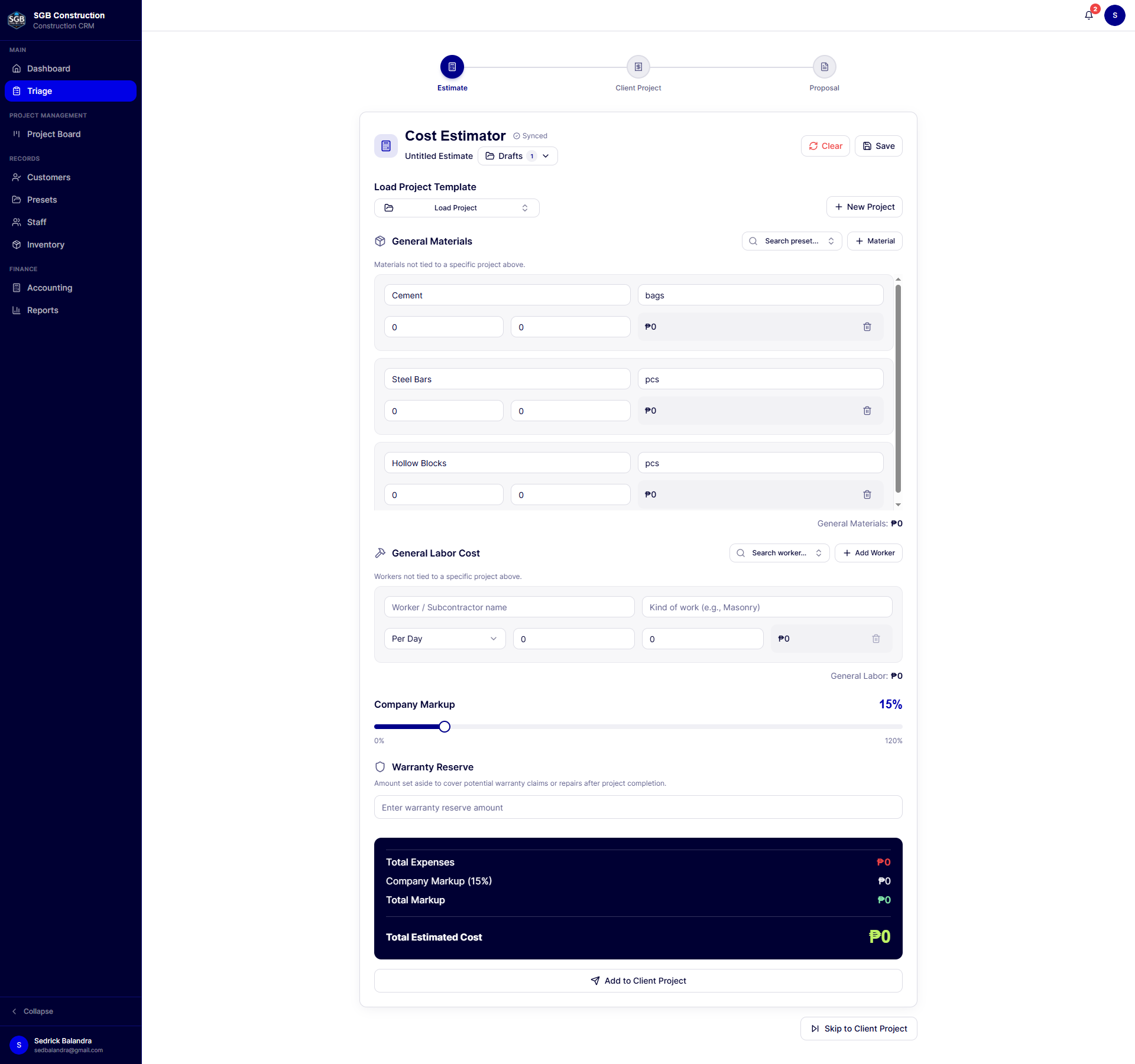 Cost estimator with materials, labor, and markup