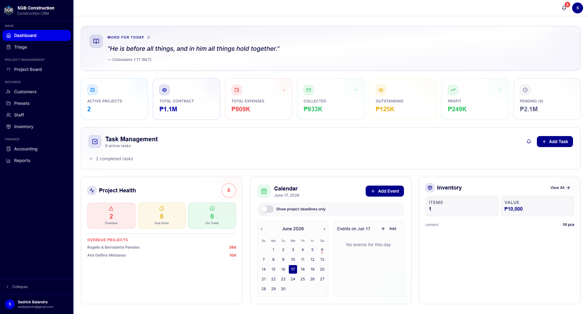 Construction Management Platform dashboard