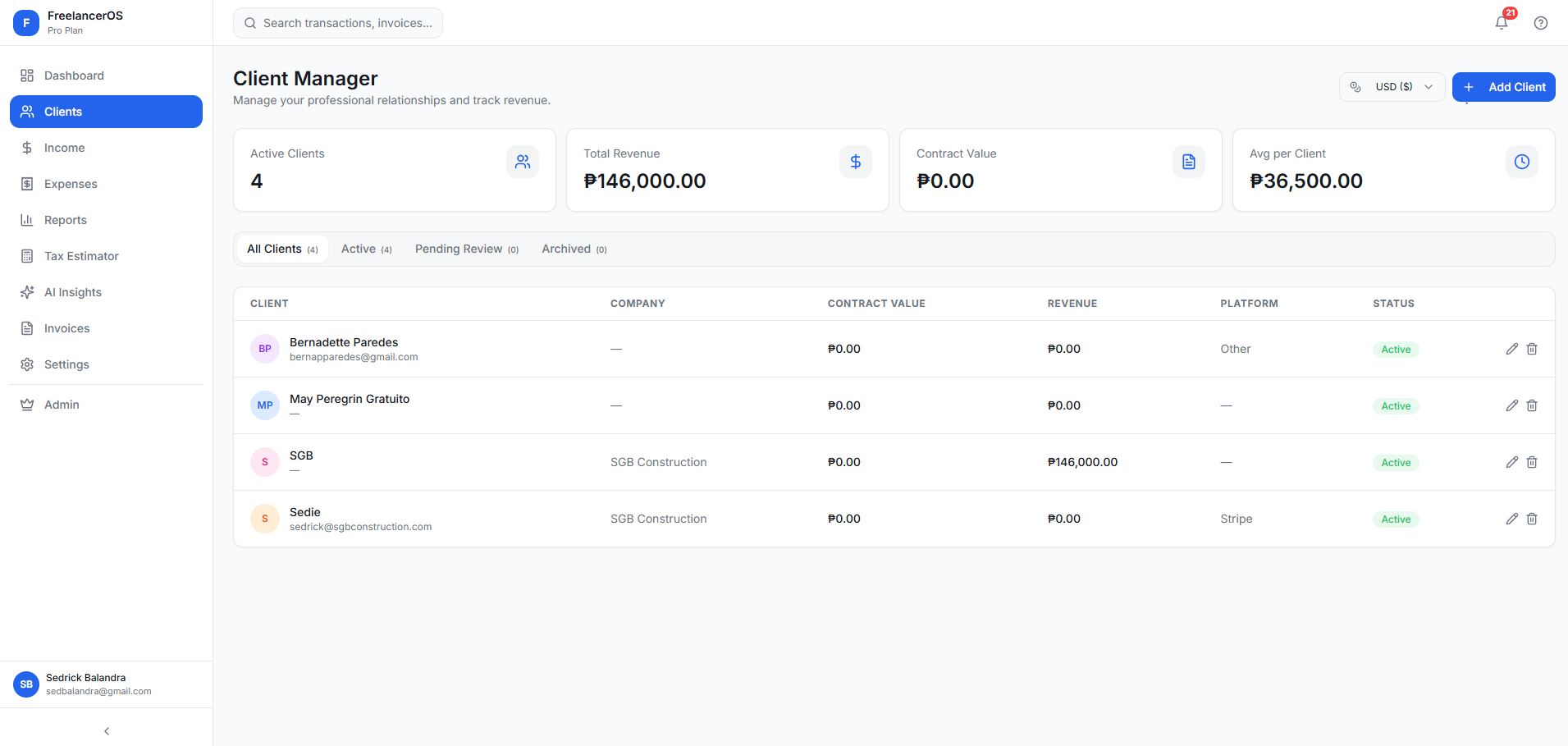 Client Manager showing active clients, total revenue, and contract value