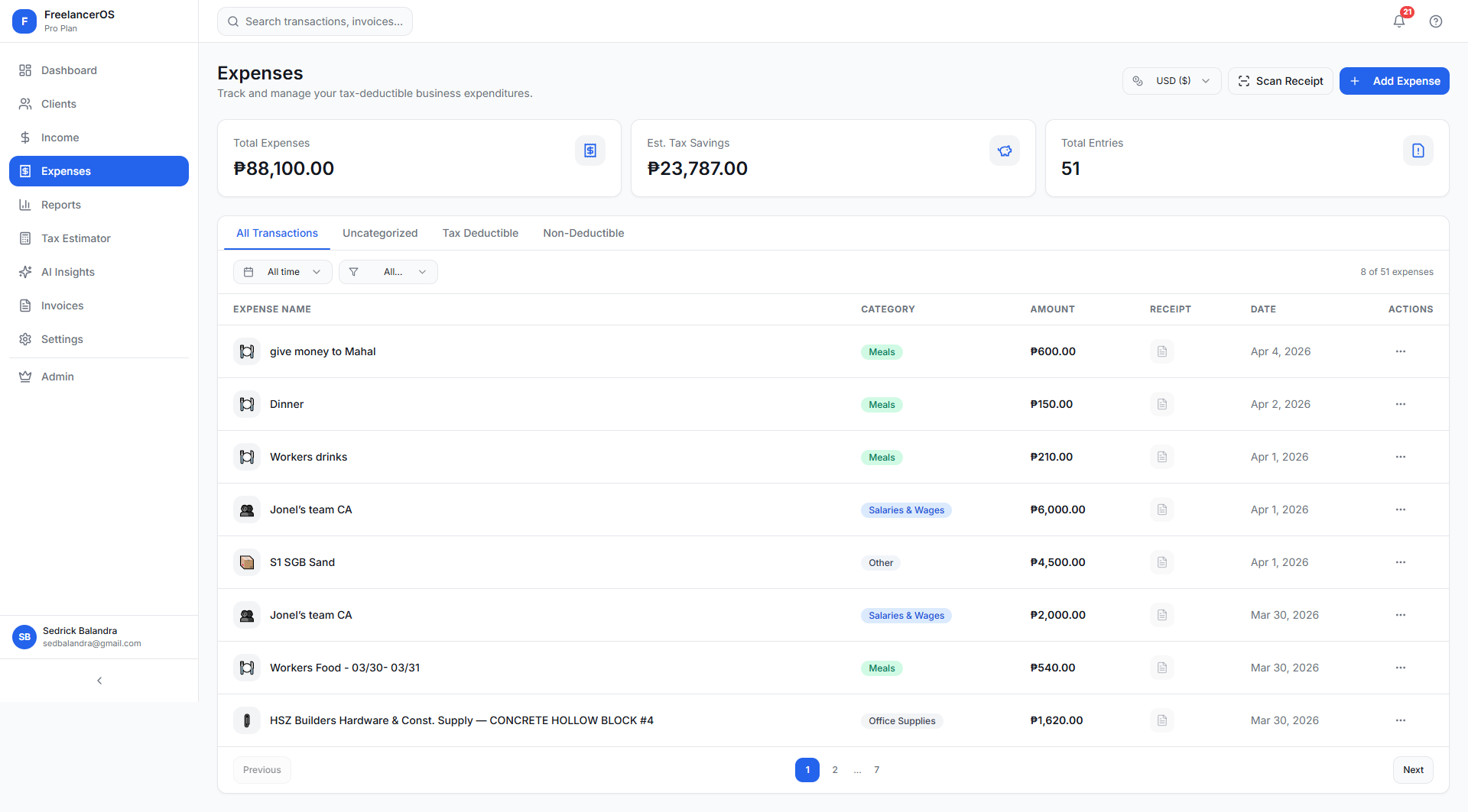 Expenses page showing tax-deductible transactions with category, amount, and receipt
