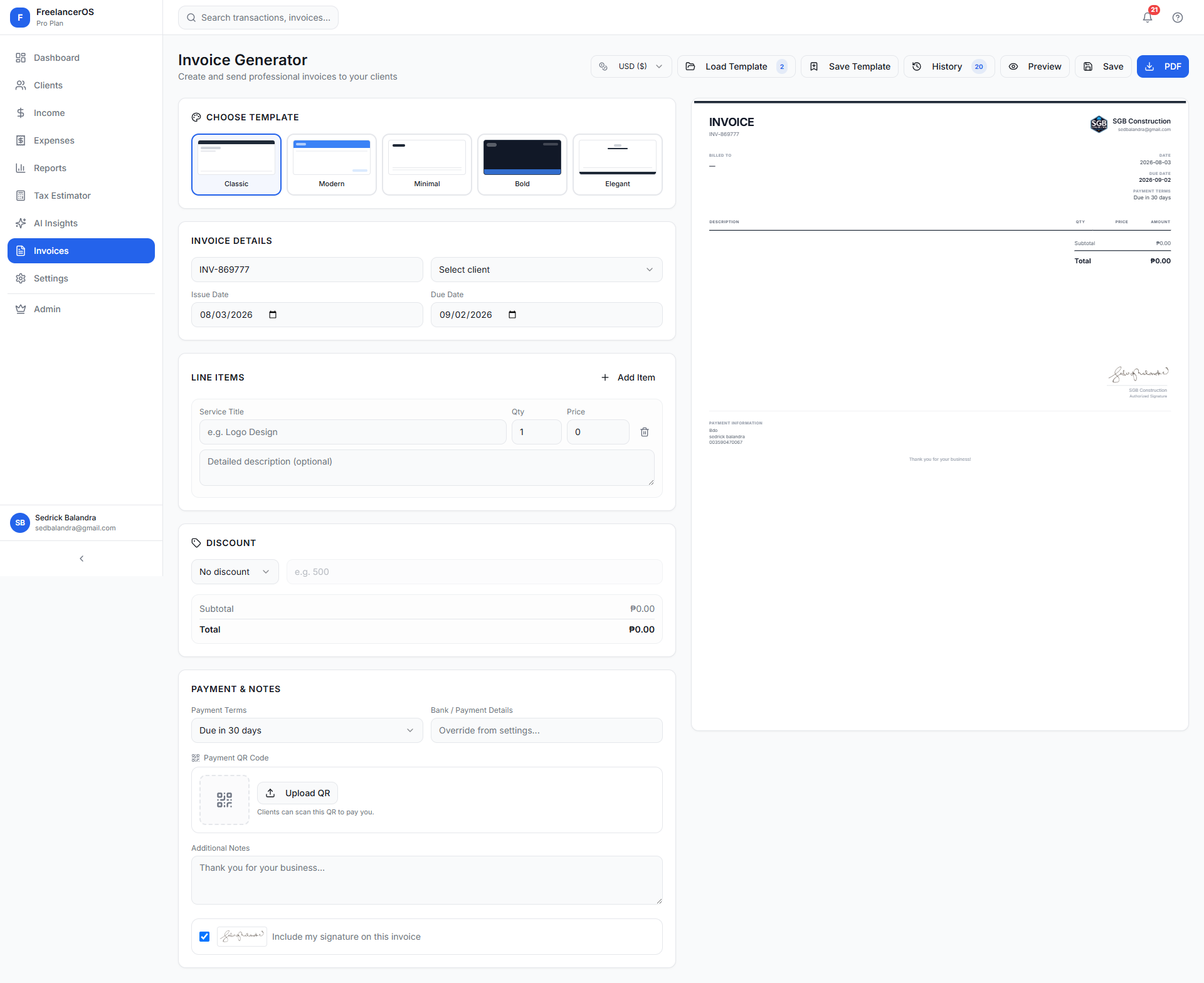 Invoice Generator with template selection, line items, QR payment, and live invoice preview