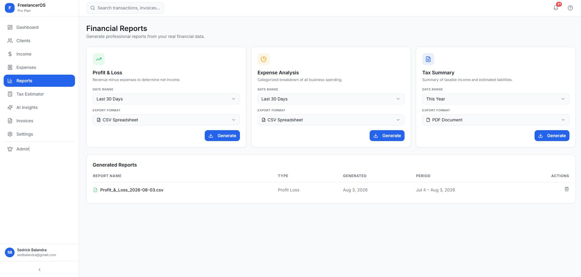 Financial Reports page for Profit and Loss, Expense Analysis, and Tax Summary exports