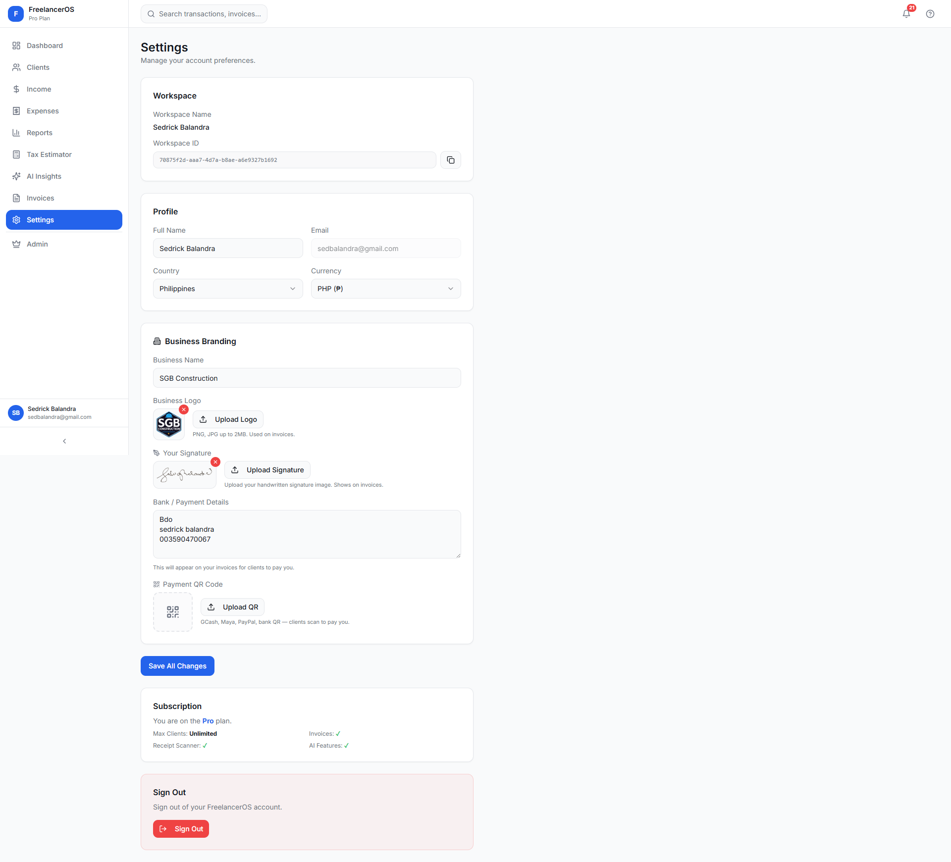 Settings page showing workspace profile, business branding, and payment details