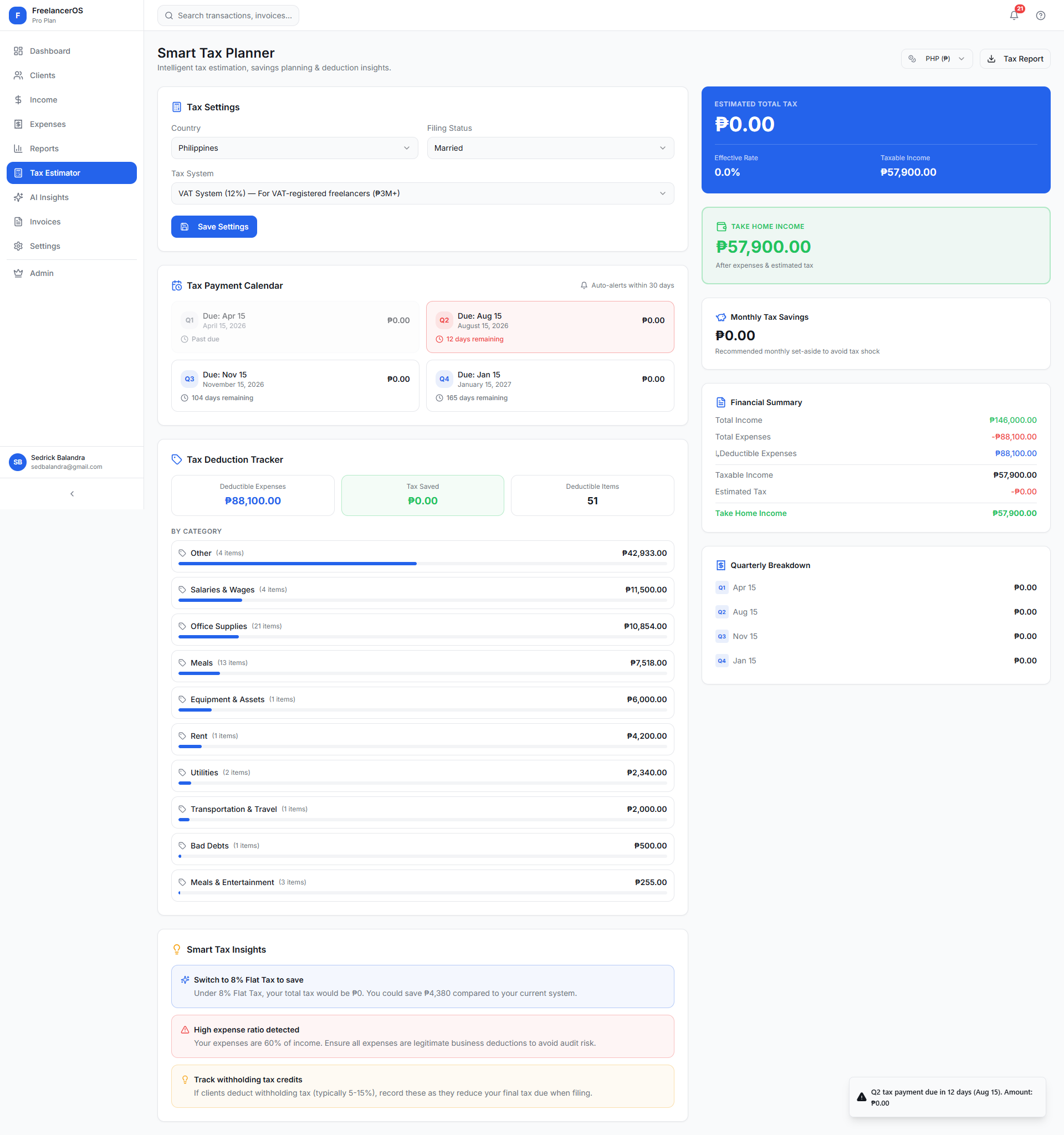 Smart Tax Planner showing estimated tax, take-home income, deduction tracker, and quarterly payment calendar