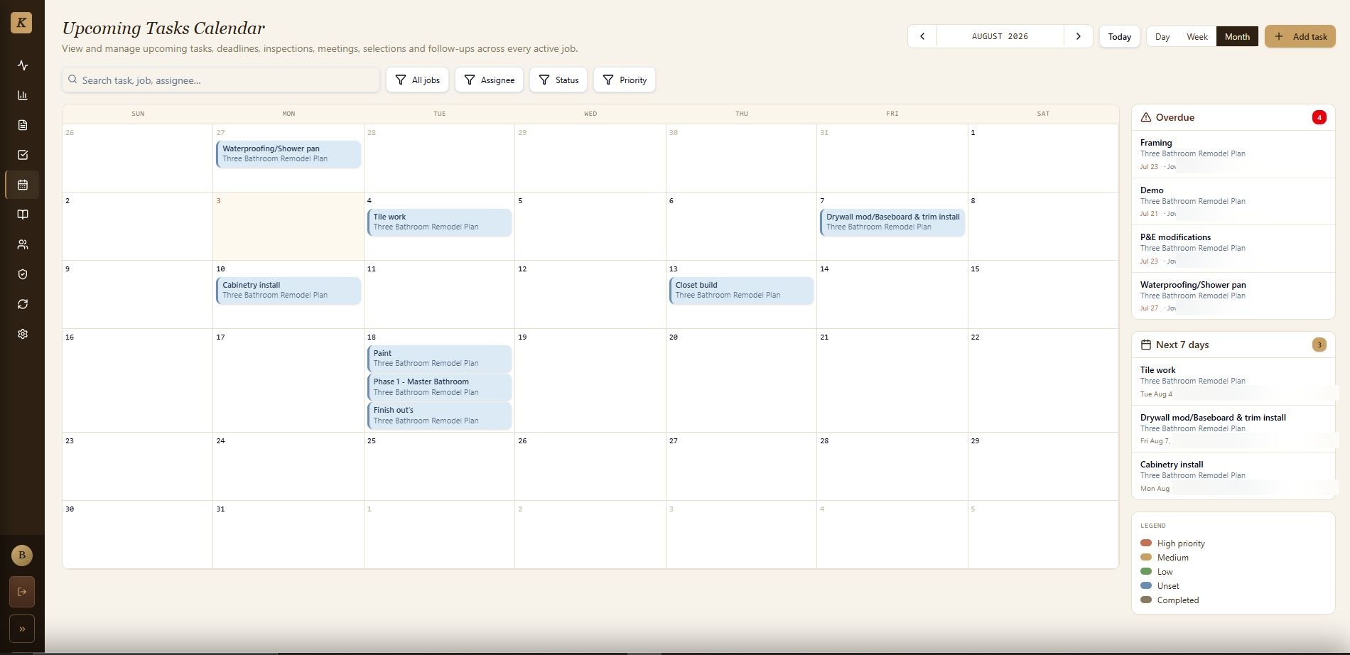 Task calendar with month view showing scheduled work and an overdue / next 7 days sidebar