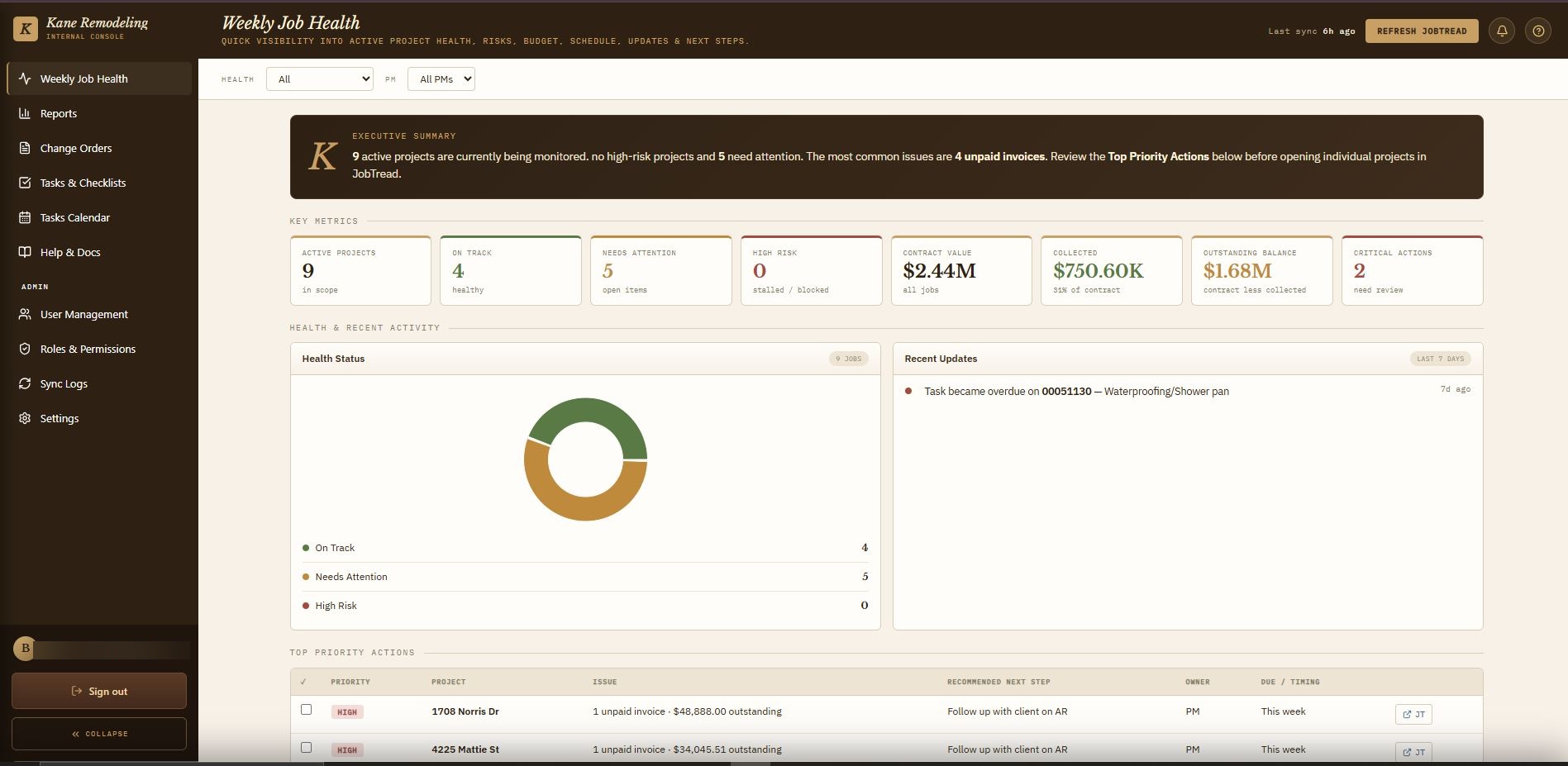 Full application layout showing the left sidebar navigation across dashboard, reports, change orders, tasks, and admin tools
