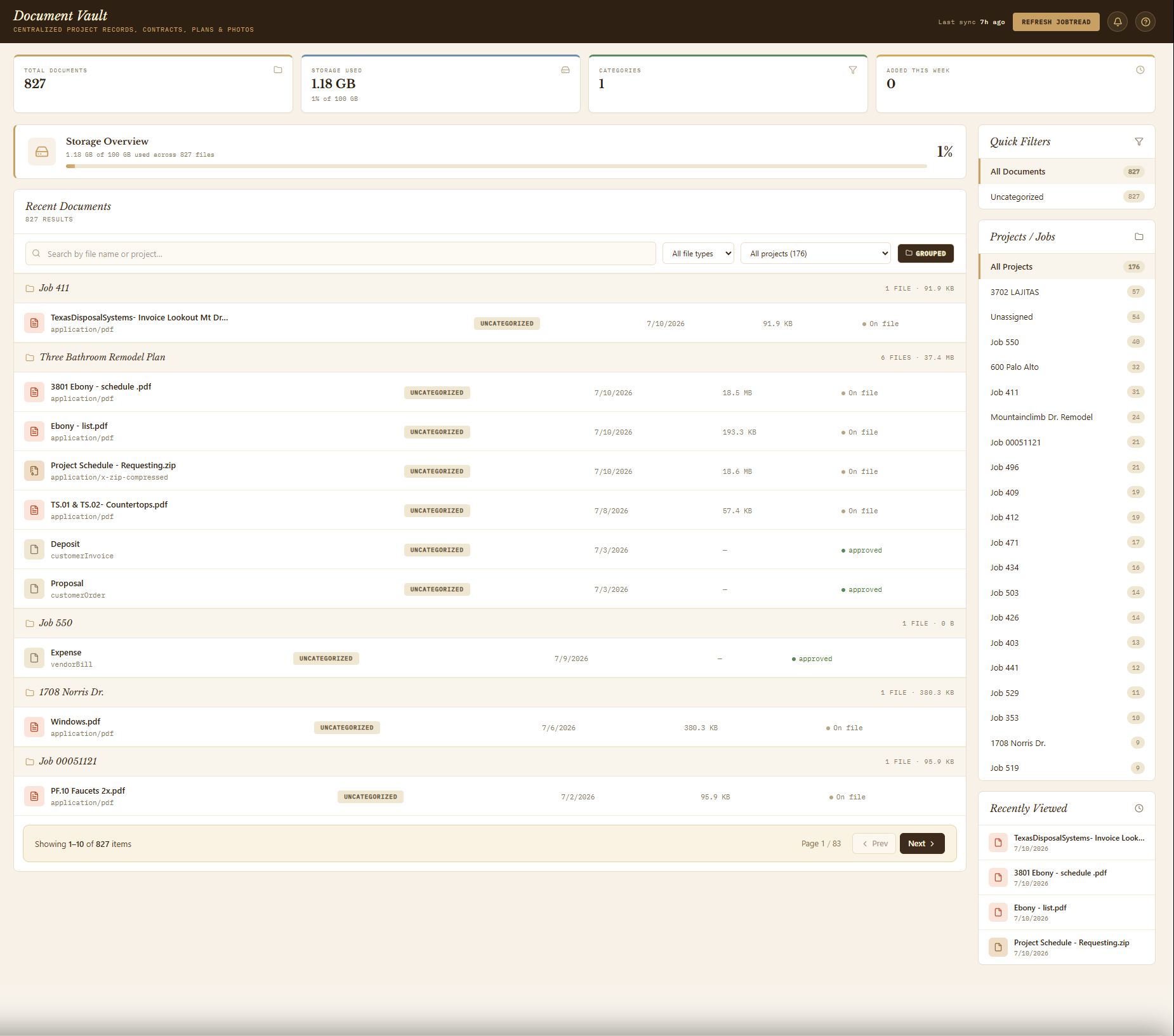 Document vault showing centralized project records grouped by job with file metadata and status