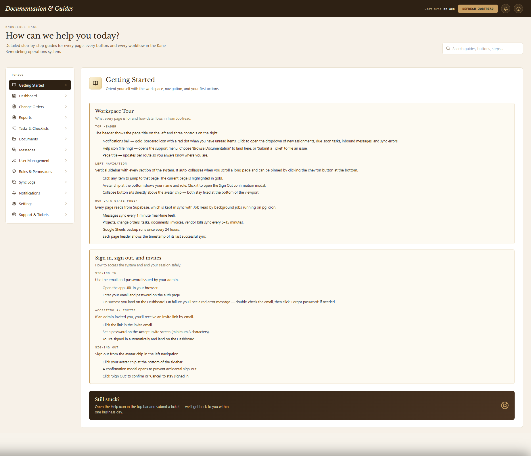 In-app documentation and guides page showing a searchable knowledge base