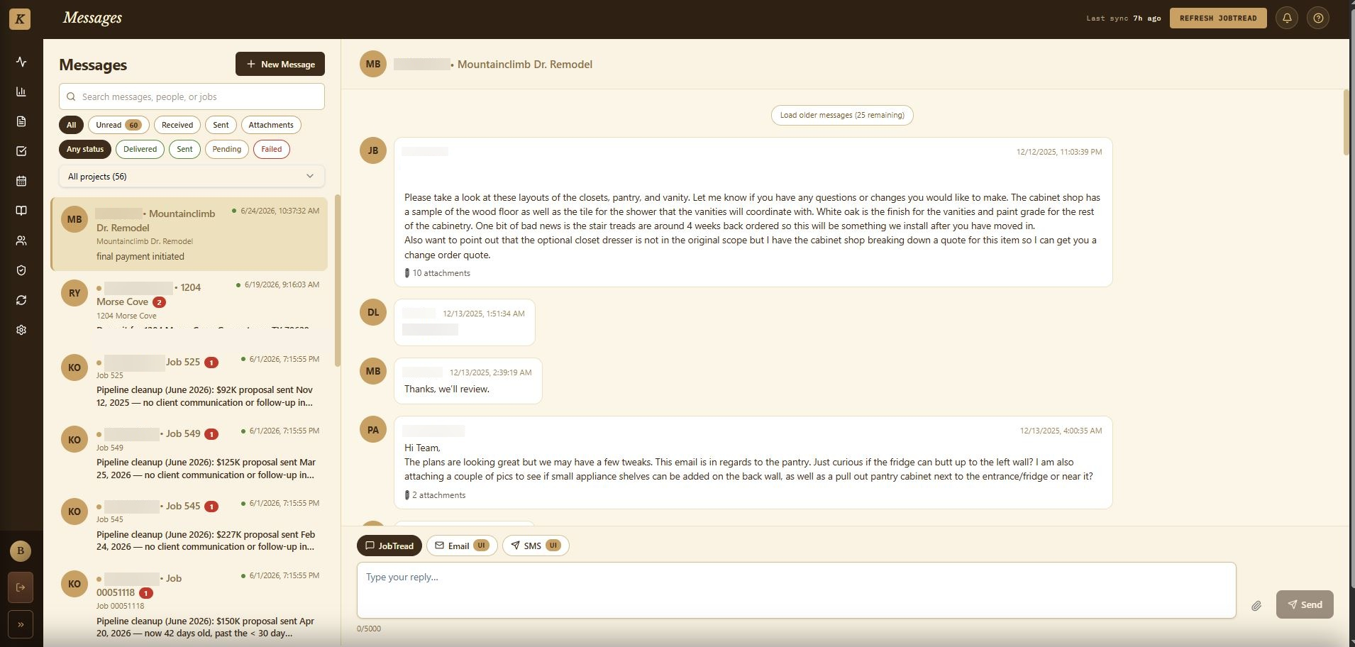 Messages page showing a JobTread conversation thread with delivery states, redacted for client privacy