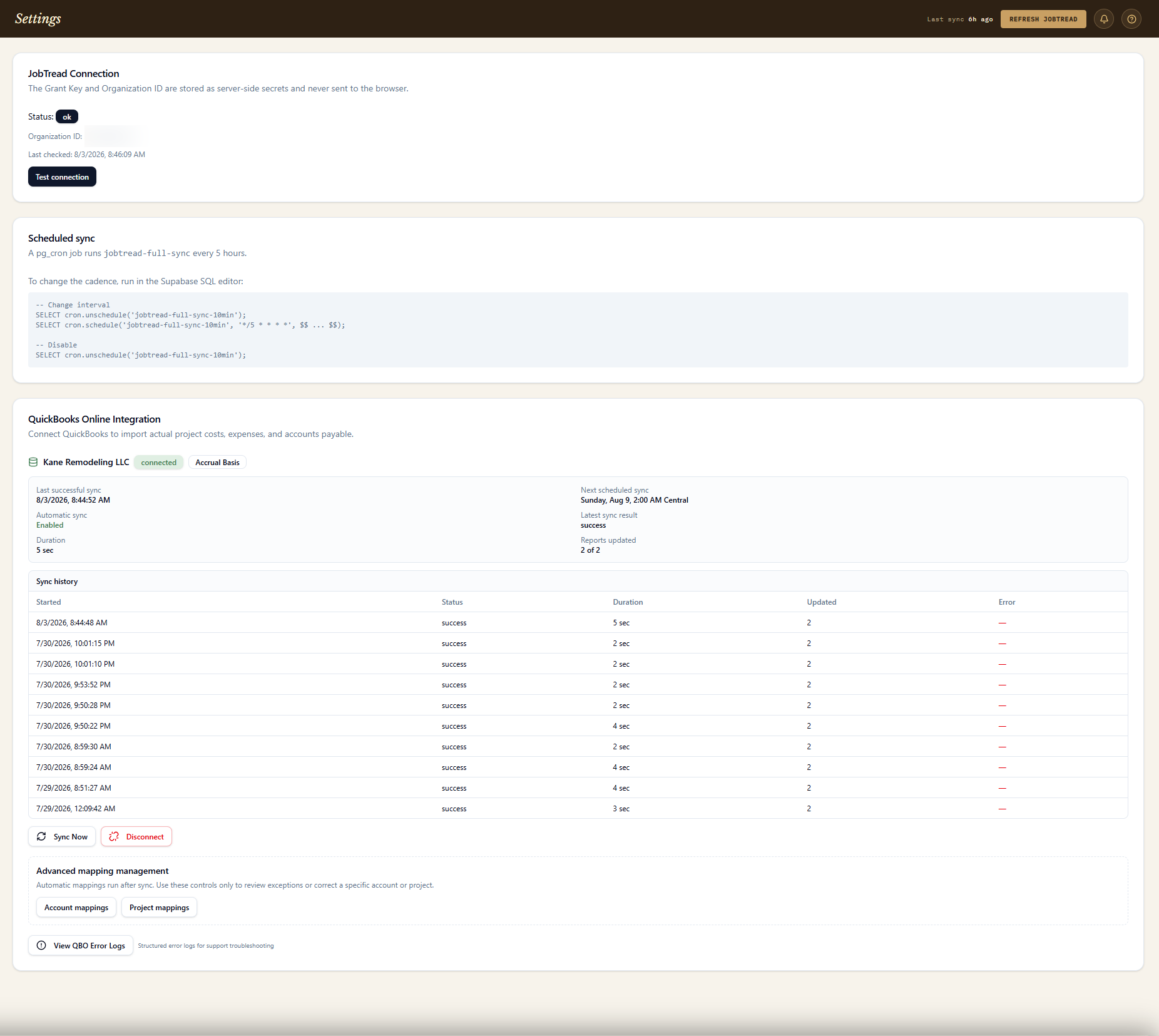 Settings page showing JobTread and QuickBooks Online connection status and scheduled sync configuration
