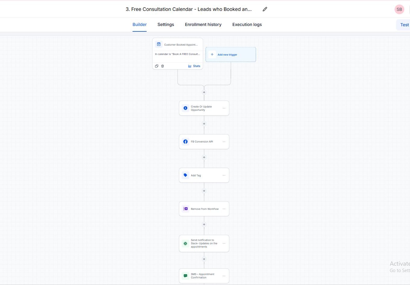 Free consultation booking workflow showing Conversion API event, tagging, and workflow removal