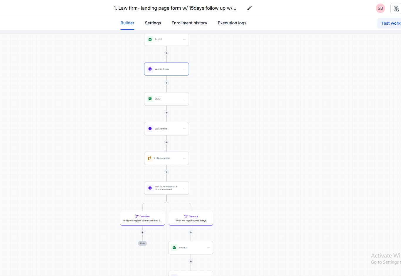Follow-up cadence showing email, SMS, wait steps, and AI call attempts