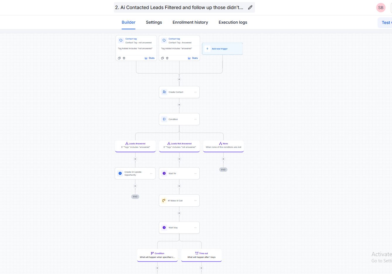 AI-contacted lead filtering workflow branching on answered vs not answered