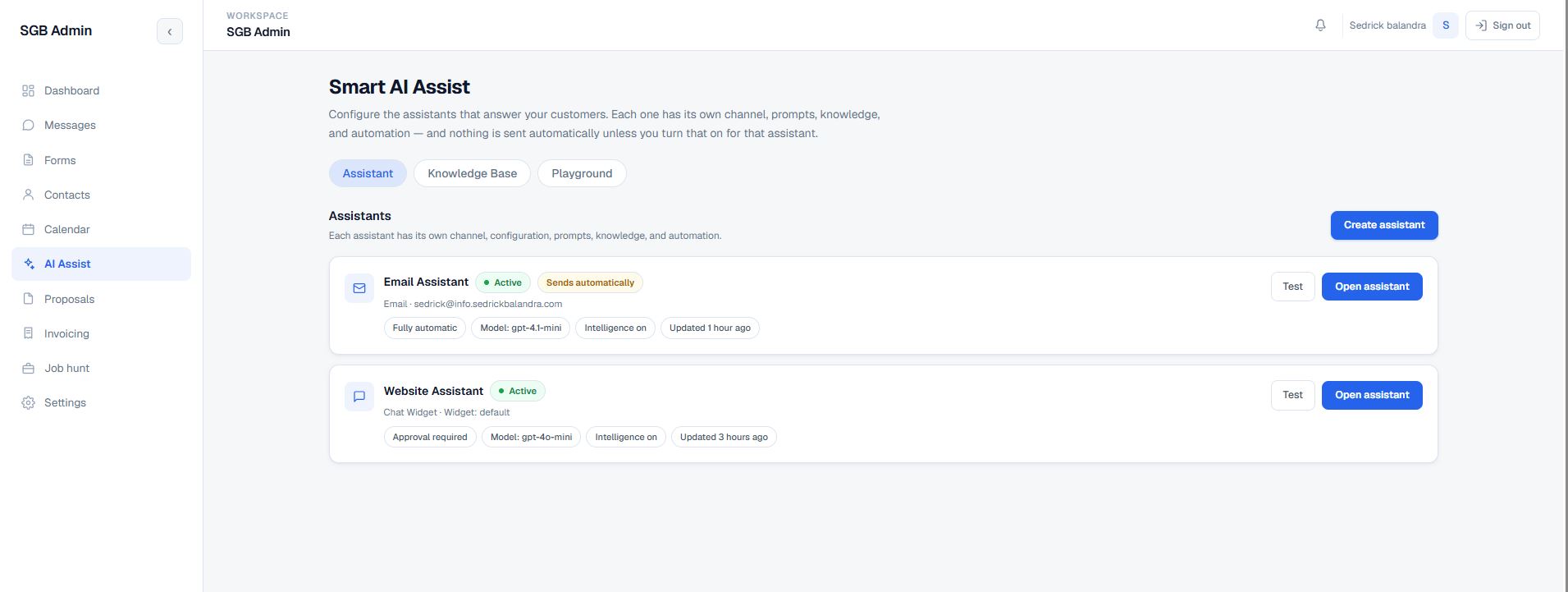 Portfolio Admin CRM Smart AI Assist assistants list showing an Email Assistant and a Website Assistant with channel, model, and automation badges