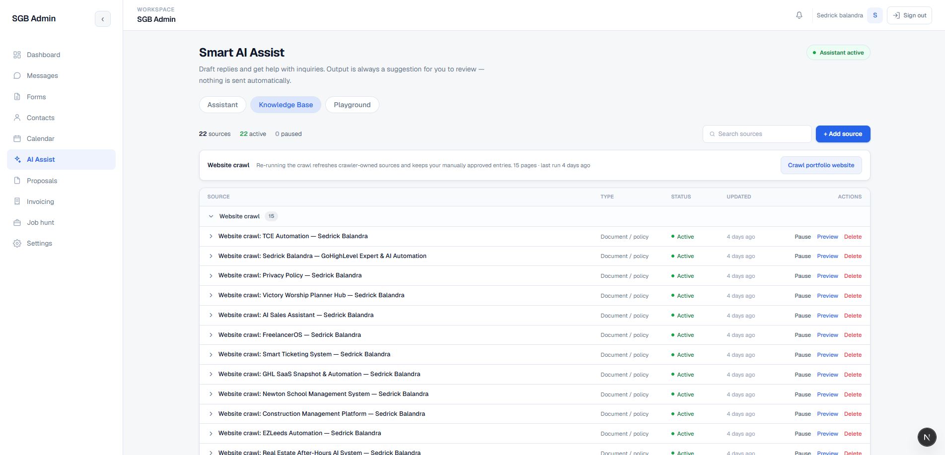 Portfolio Admin CRM AI Assist Playground screen for testing responses