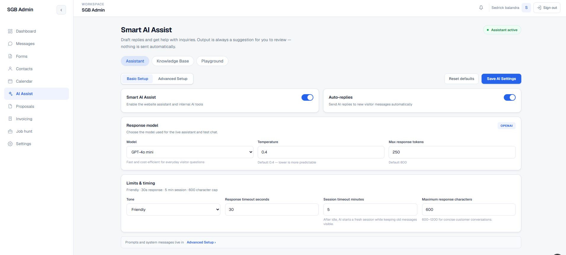 Portfolio Admin CRM Smart AI Assist settings with model, auto-reply, tone, timeout, and response limits