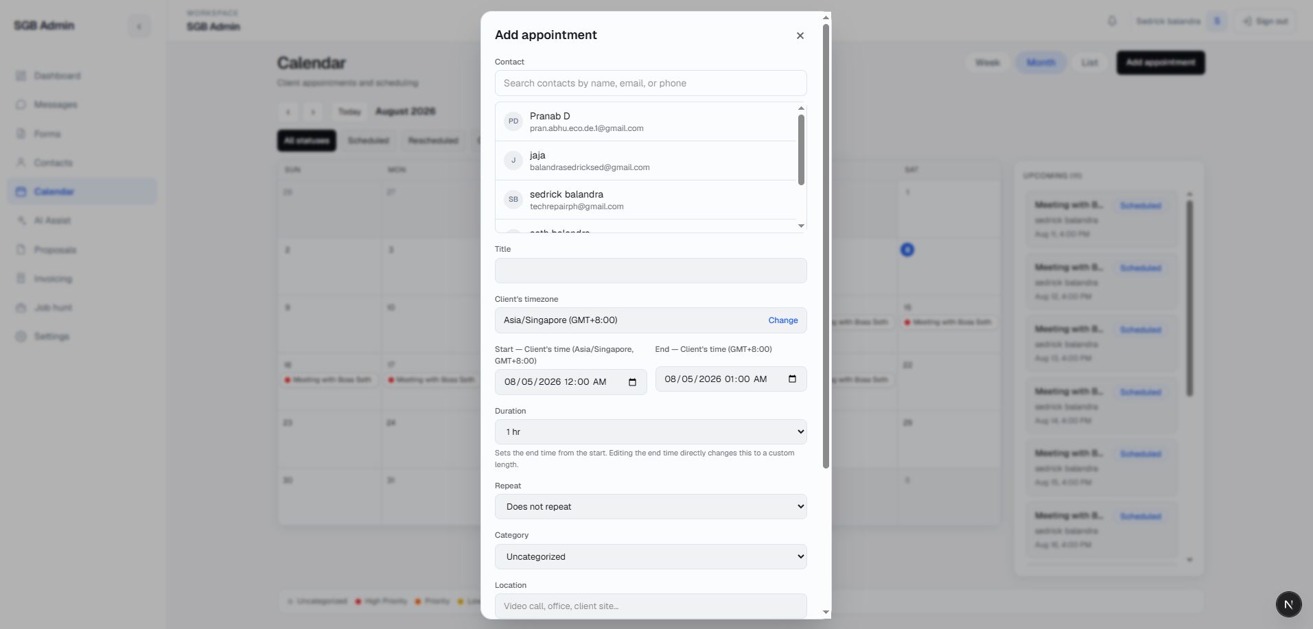 Portfolio Admin CRM appointment detail view