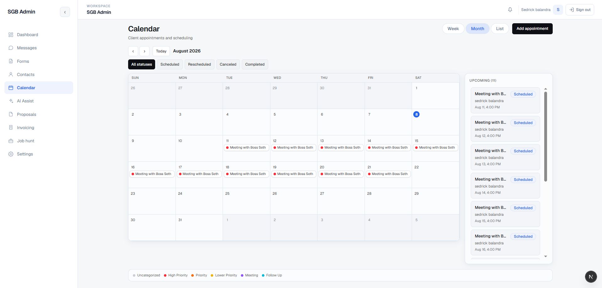 Portfolio Admin CRM Calendar month view