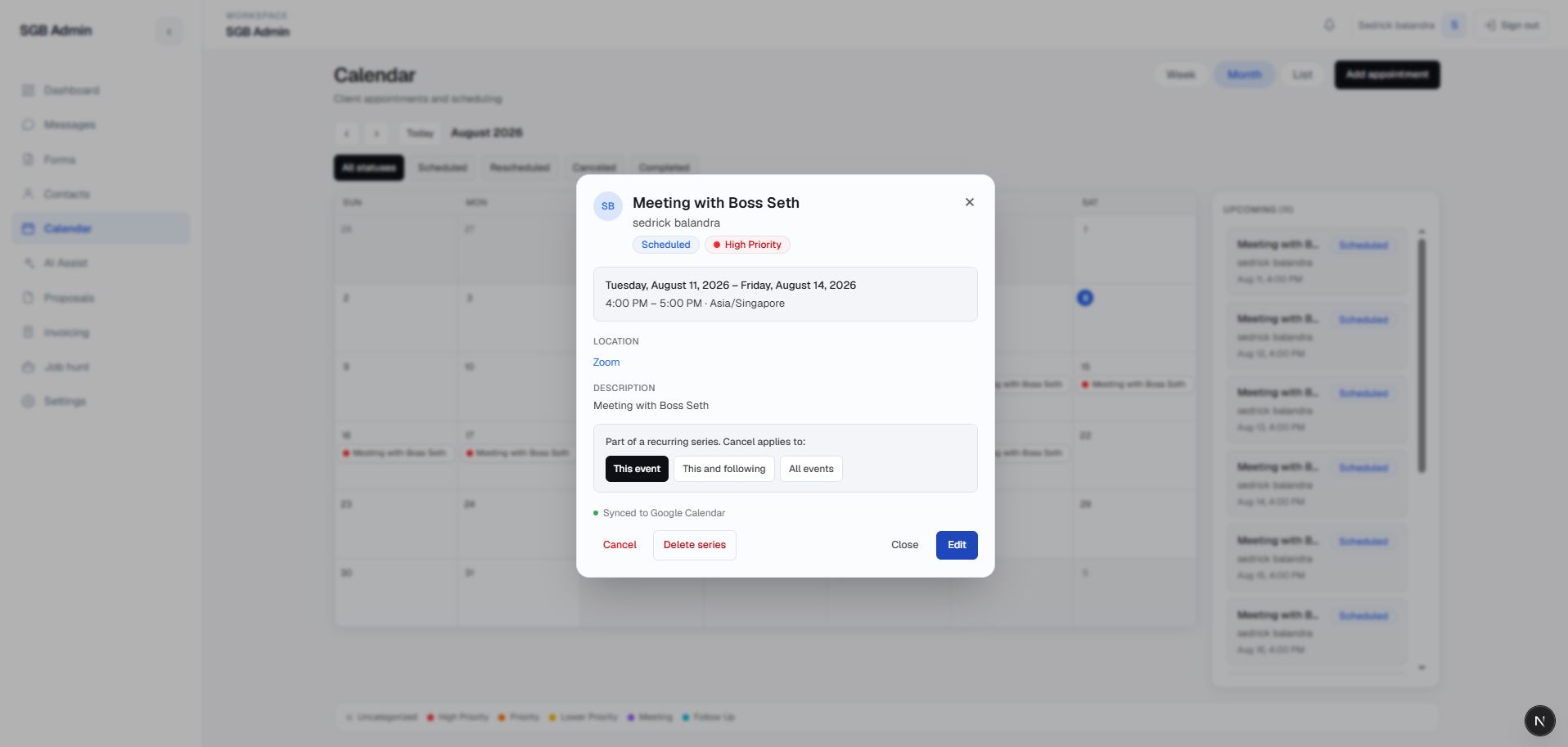 Portfolio Admin CRM Calendar week view and scheduled calls