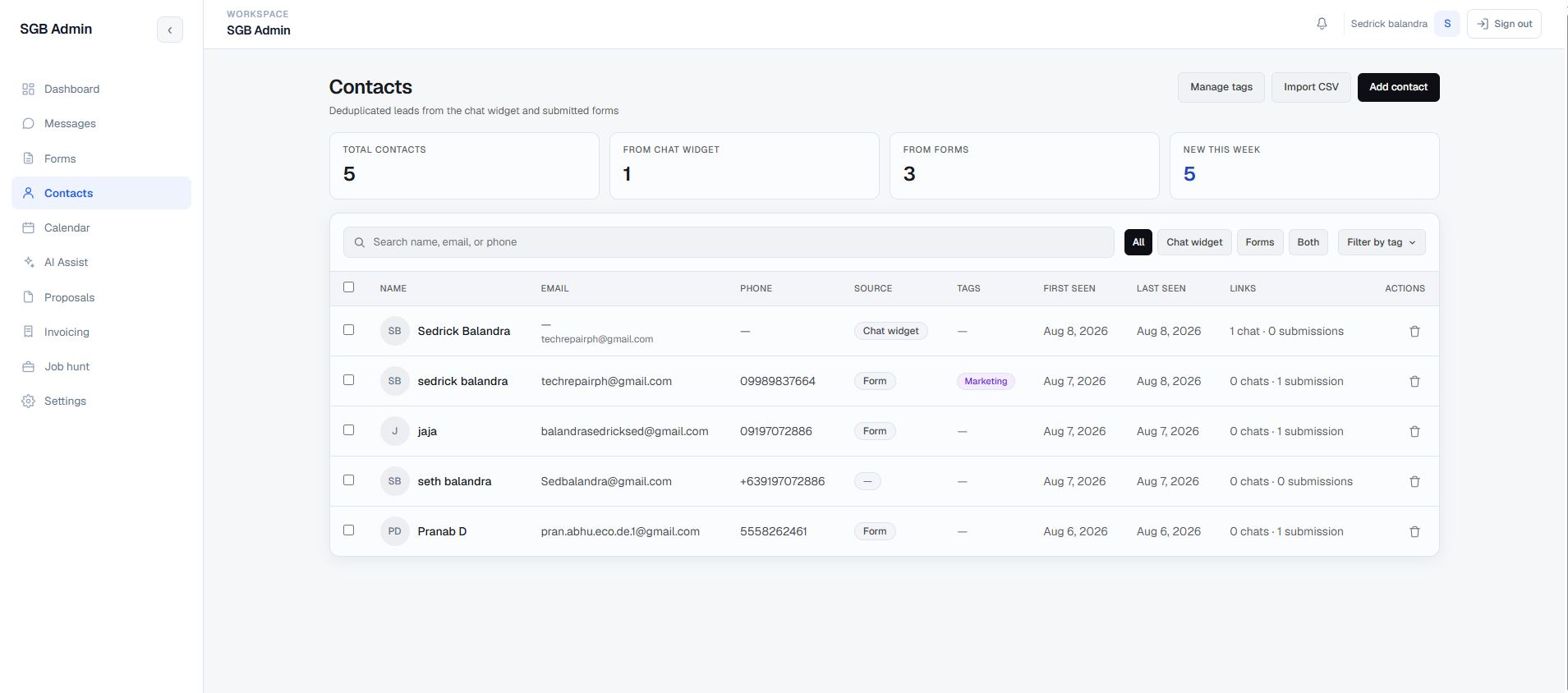 Portfolio Admin CRM Contacts workspace