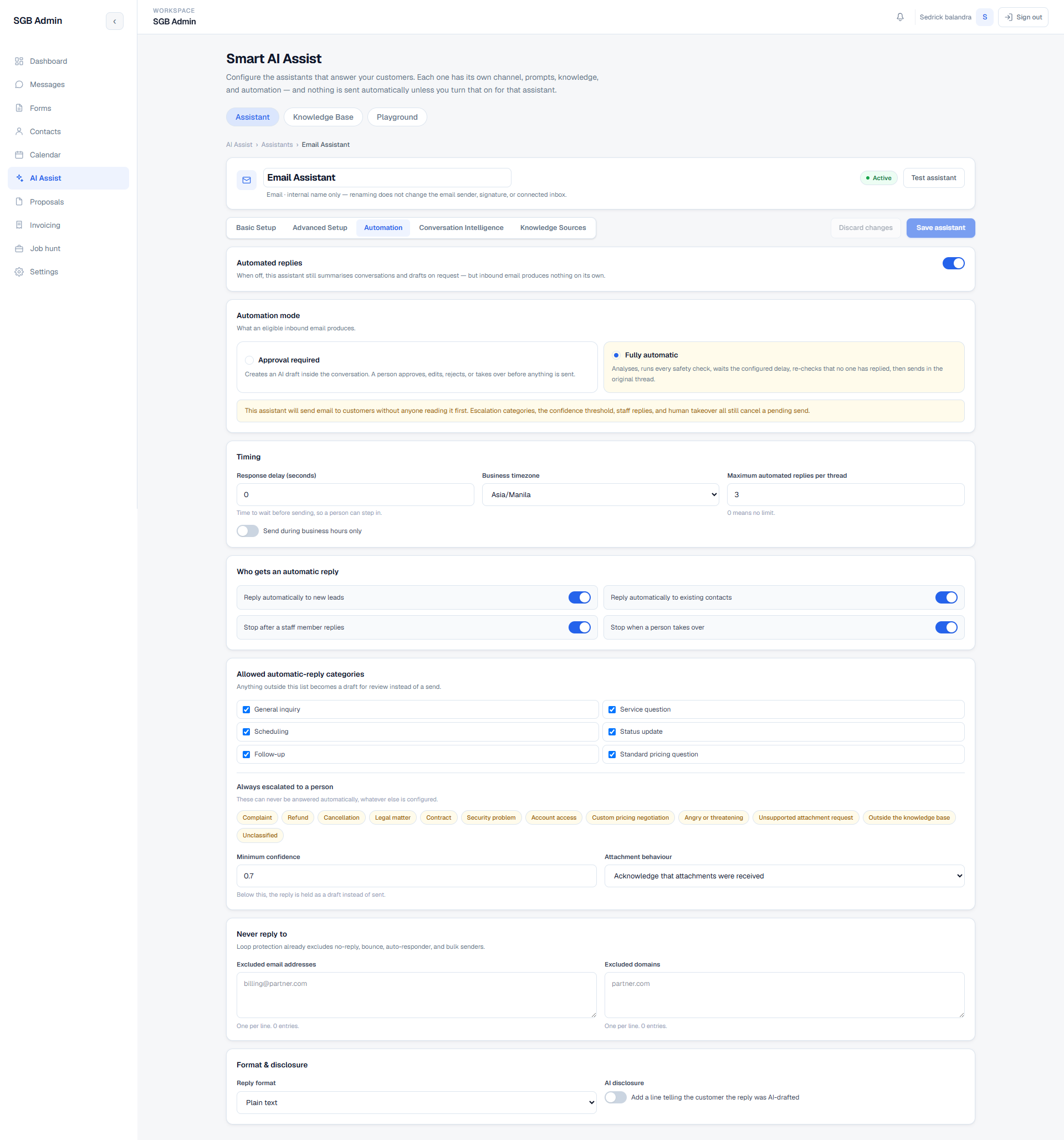 Email Assistant Automation tab showing automation mode, timing, audience rules, allowed reply categories, escalation list, confidence threshold, and exclusions