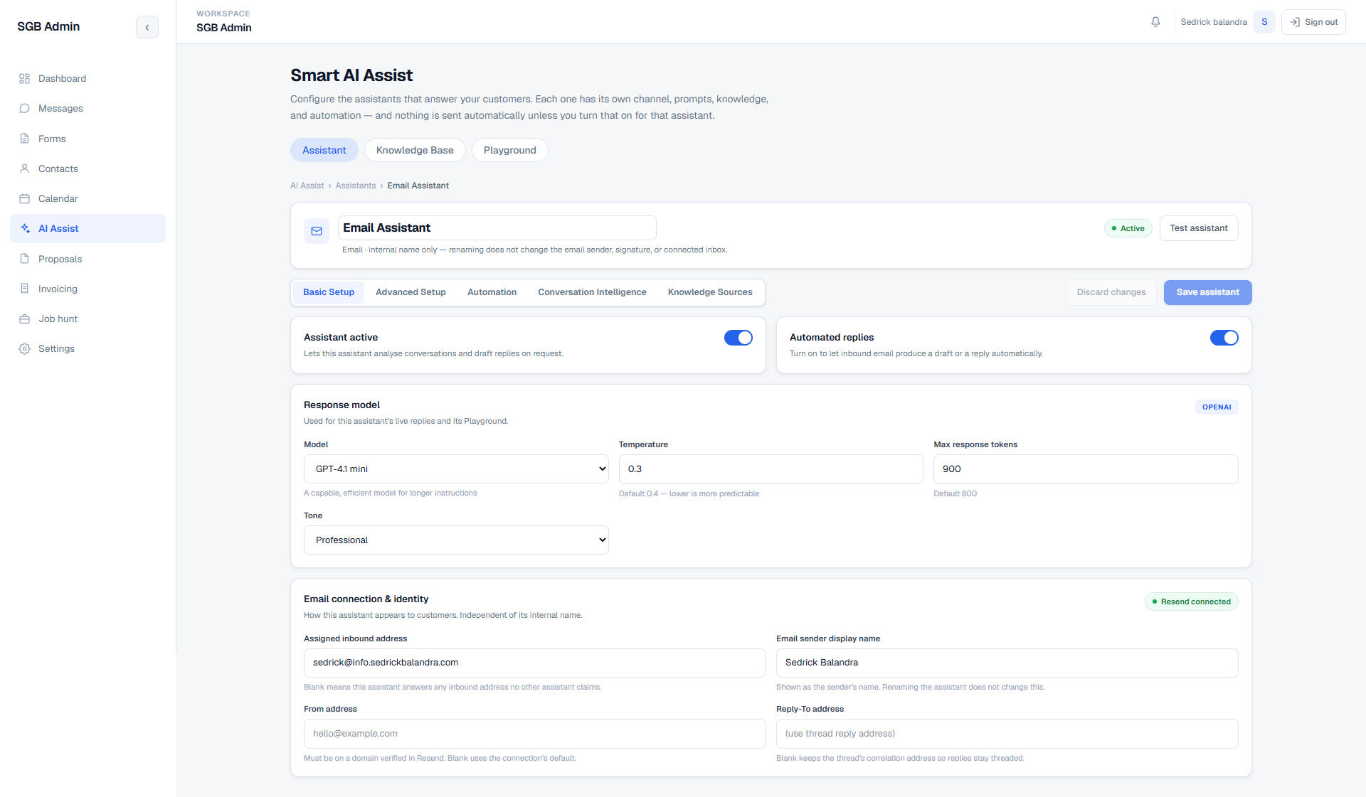 Email Assistant Basic Setup showing response model, tone, and email connection and identity fields