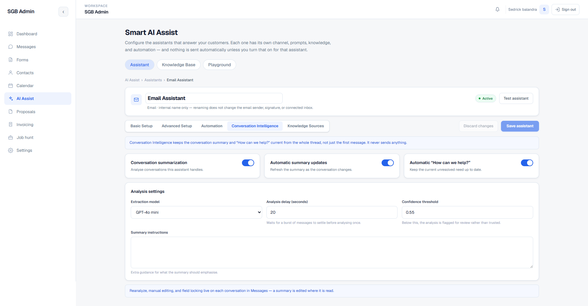 Email Assistant Conversation Intelligence tab showing summarization toggles, extraction model, analysis delay, and confidence threshold