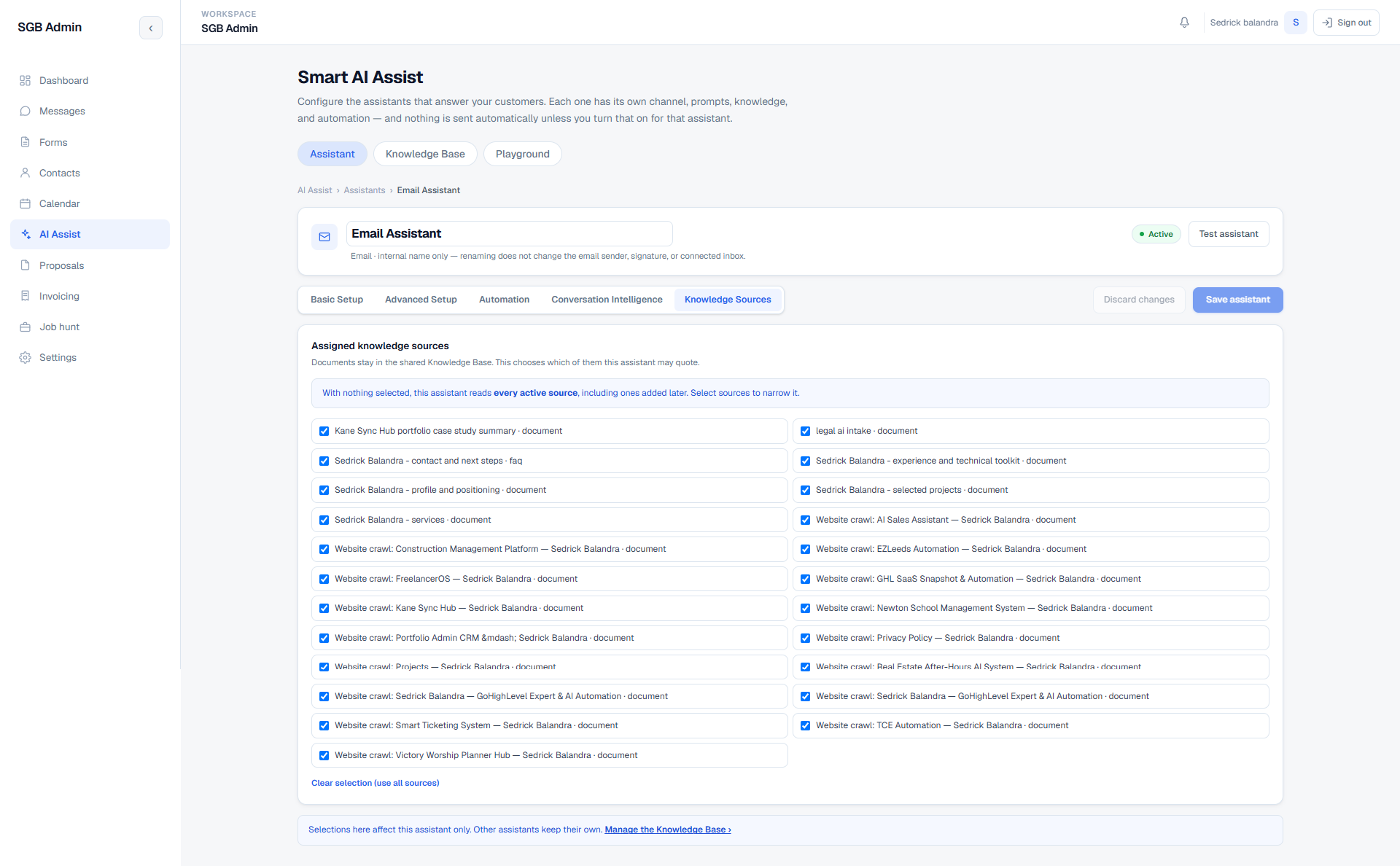Email Assistant Knowledge Sources tab assigning which shared knowledge base documents this assistant may quote