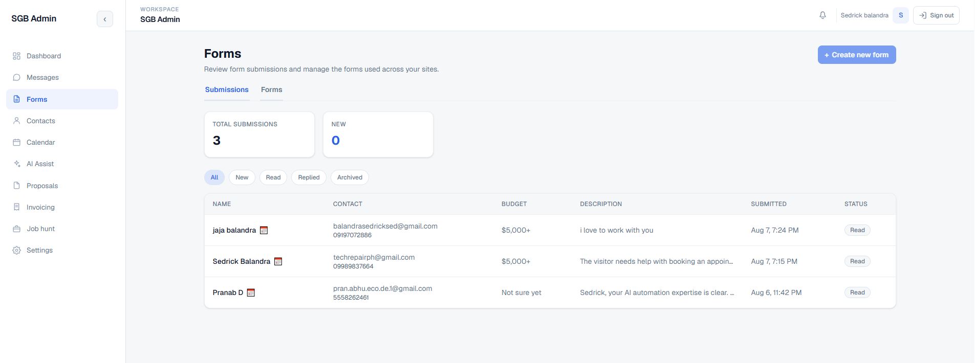 Portfolio Admin CRM Forms workspace for reviewing submissions