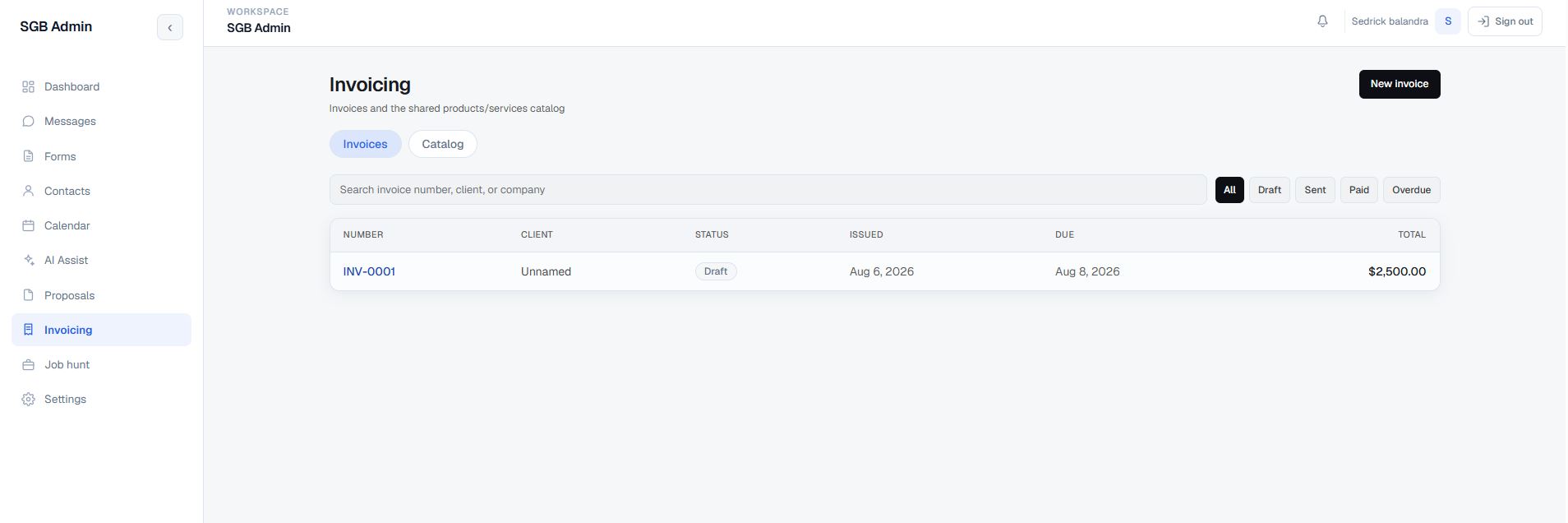 Portfolio Admin CRM Invoicing workspace with line items and totals