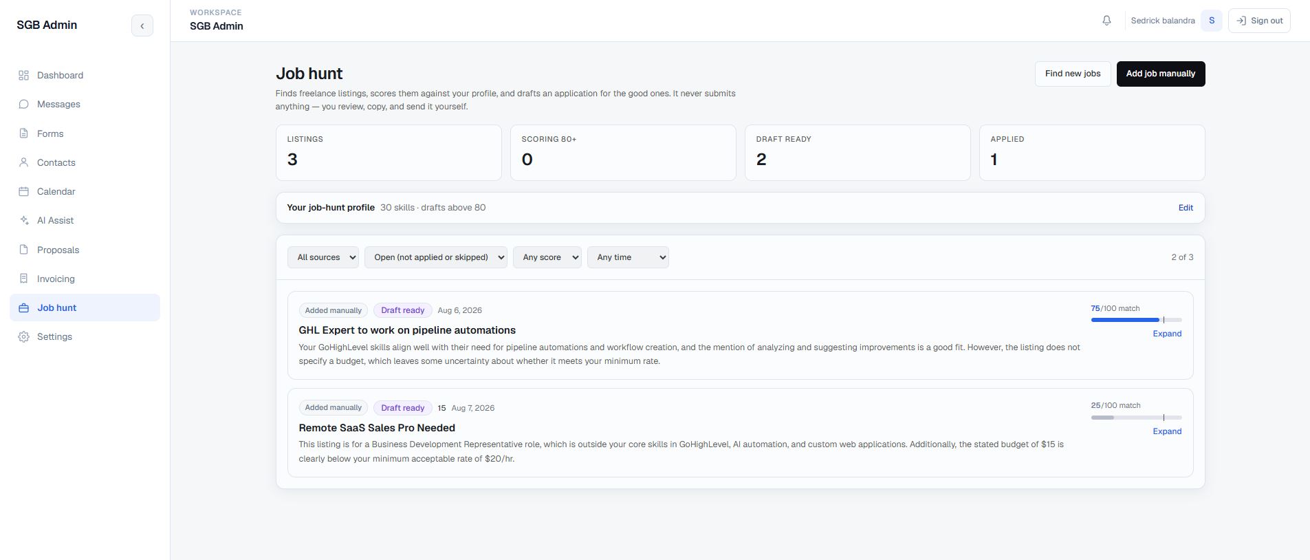 Portfolio Admin CRM Job hunt workspace