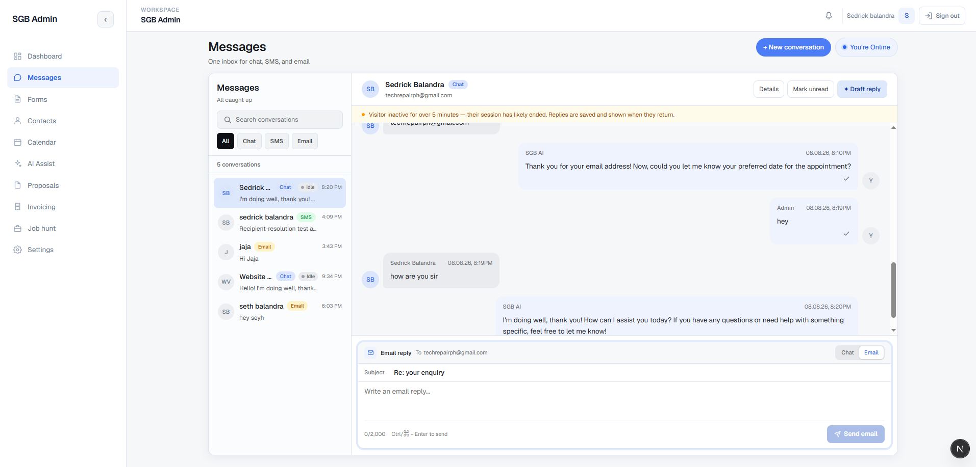 Portfolio Admin CRM Messages workspace showing chat, SMS, email, AI replies, and the reply composer