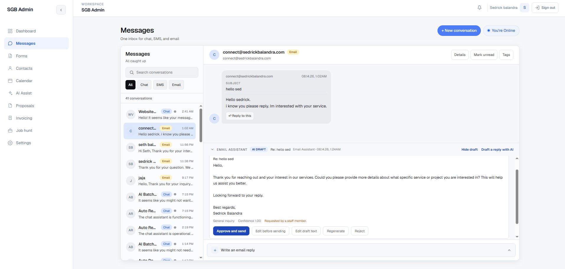 Portfolio Admin CRM unified inbox with an AI email draft awaiting approval