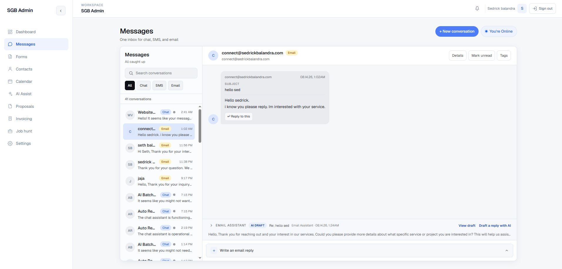 Portfolio Admin CRM Messages workspace showing the unified chat, SMS, and email inbox with an email thread open