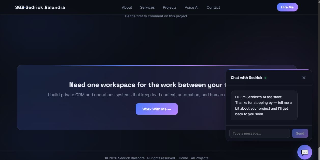 Portfolio website with the visitor-facing chat widget open