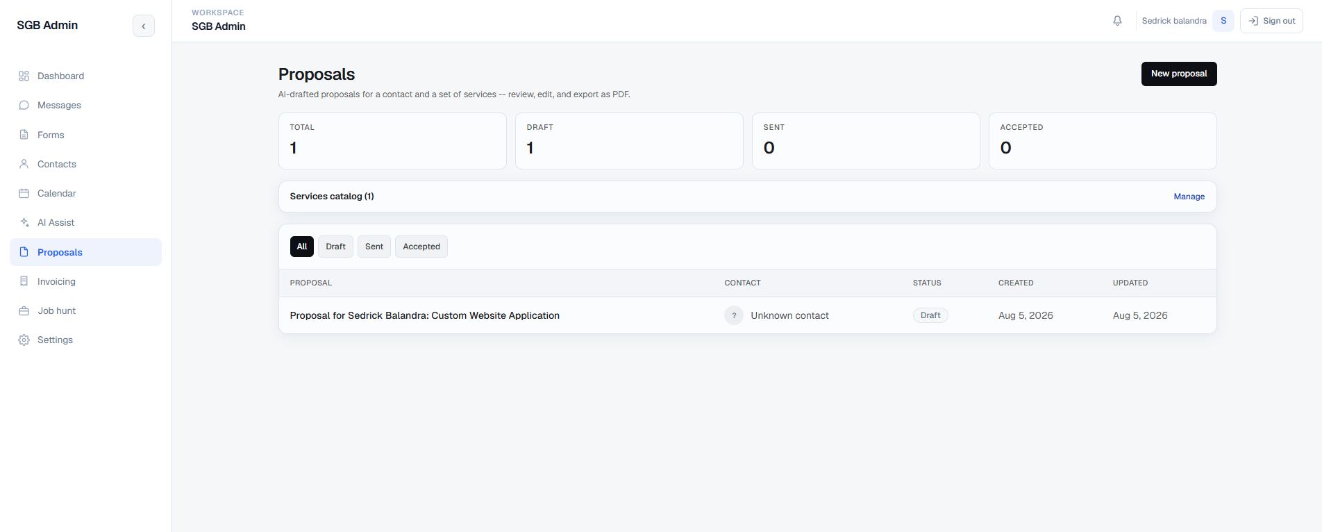 Portfolio Admin CRM Proposals workspace
