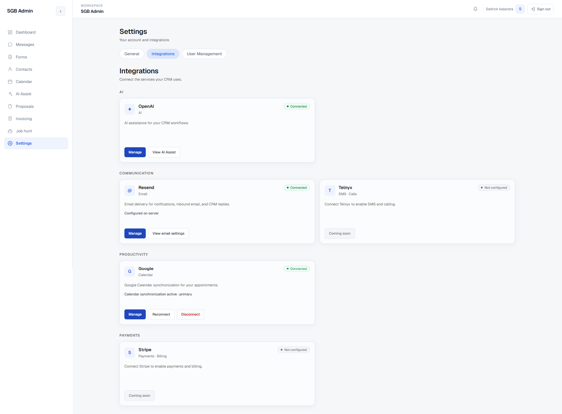 Portfolio Admin CRM Settings Integrations tab showing OpenAI, Resend, Telnyx, Google Calendar, and Stripe connection states
