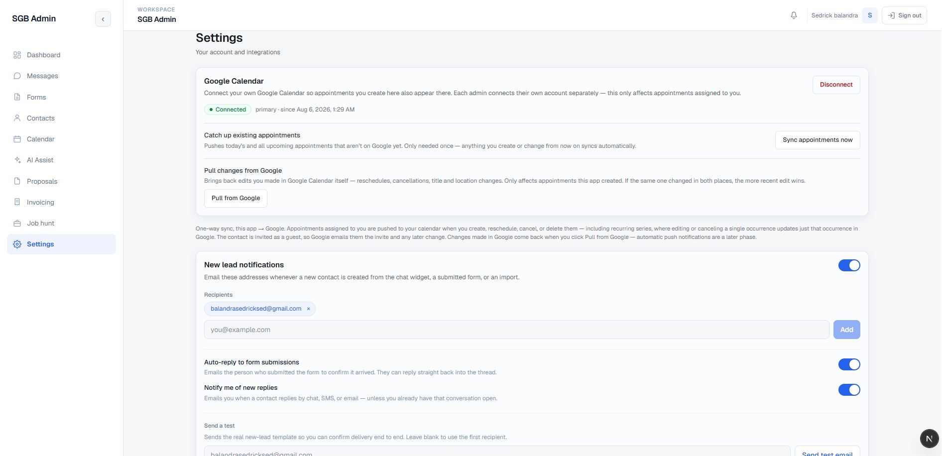 Portfolio Admin CRM Settings workspace