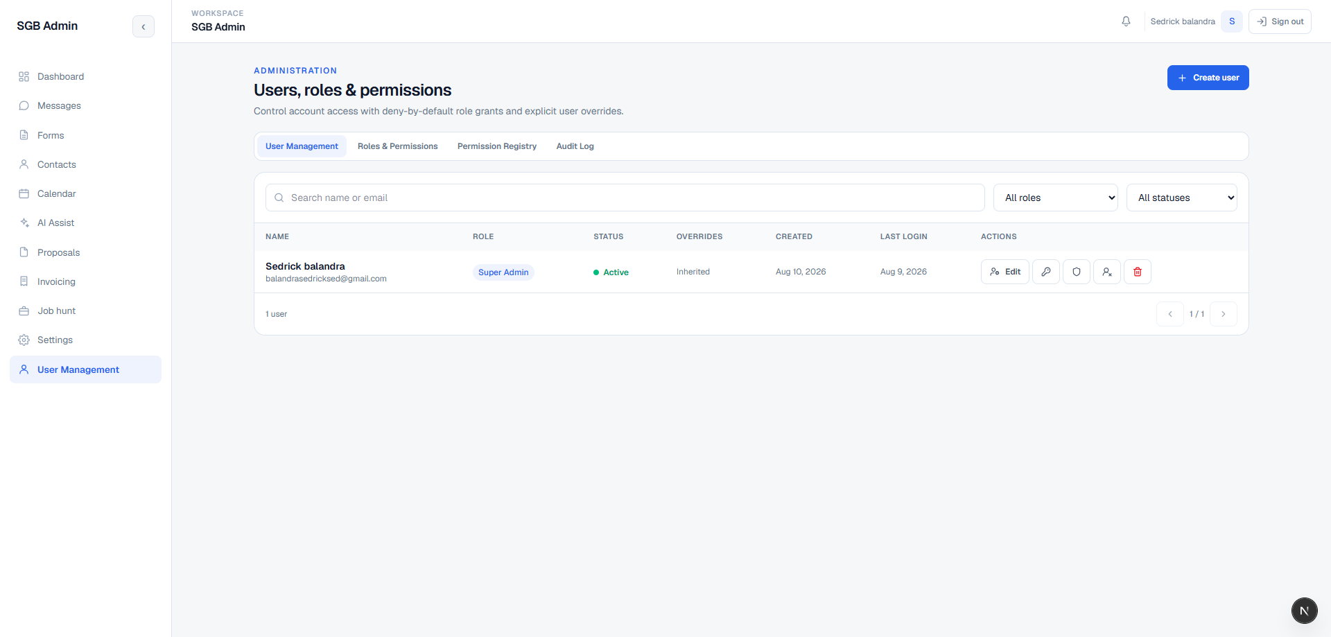 Portfolio Admin CRM User management screen
