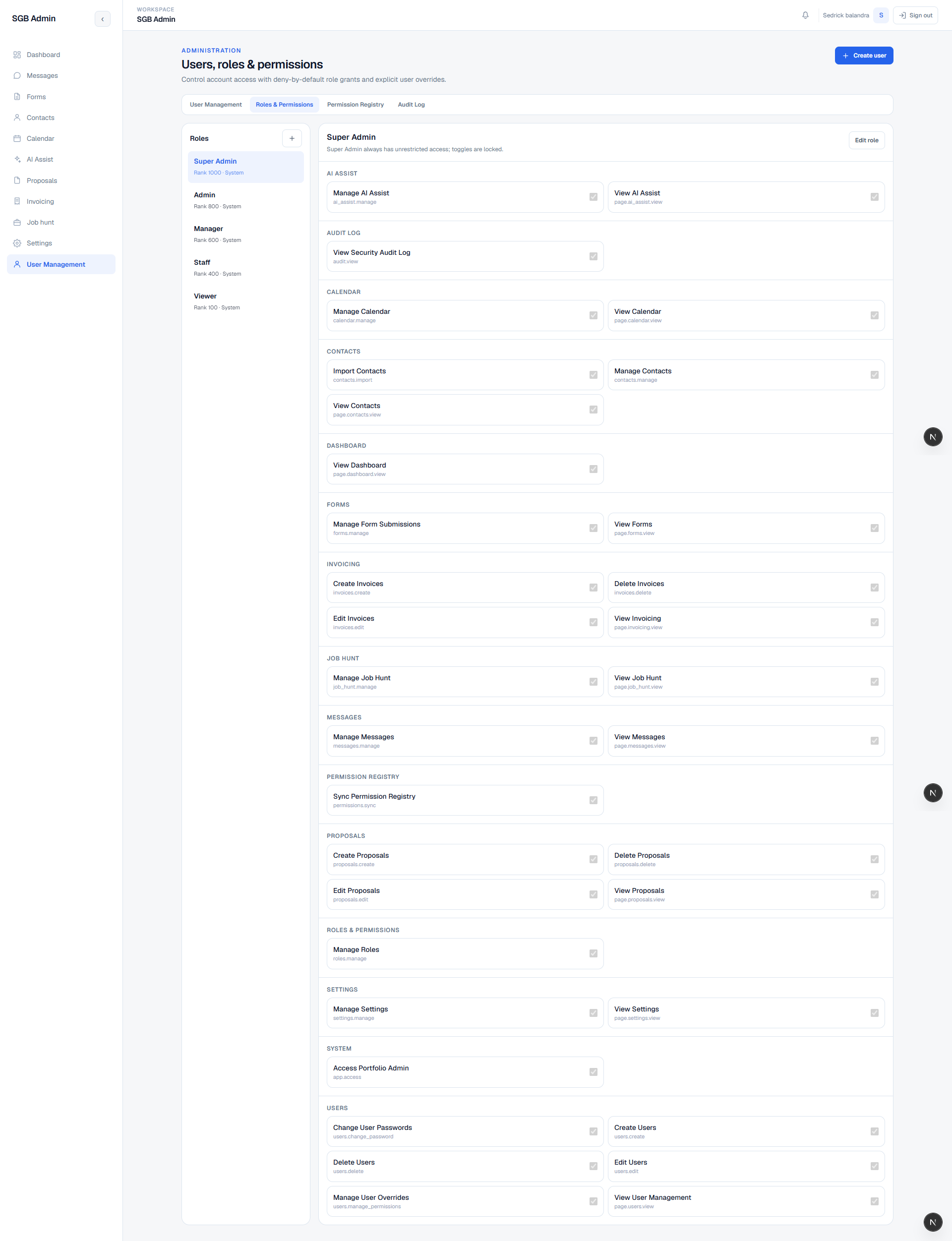 Portfolio Admin CRM user permissions screen