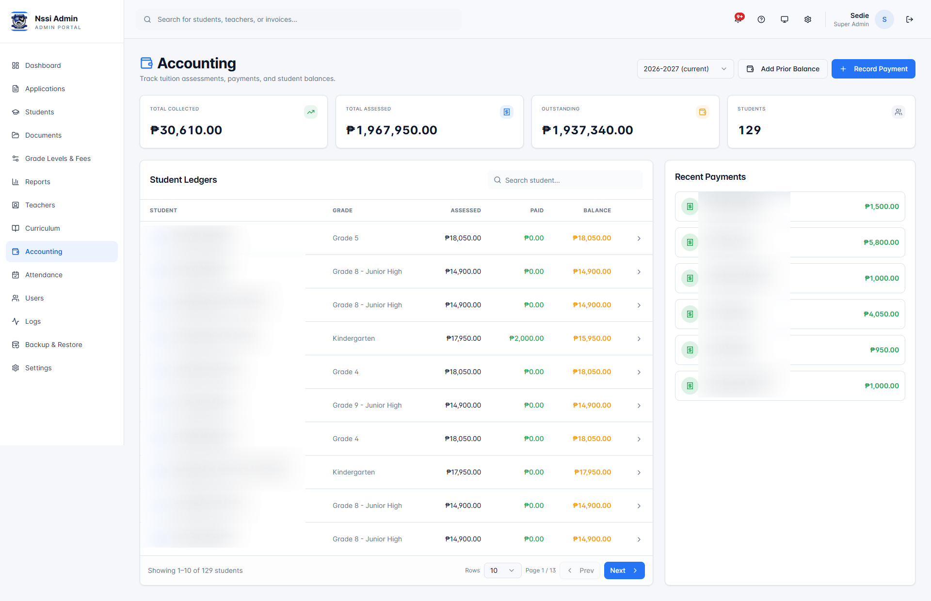 School-wide accounting with student ledgers and recent payments