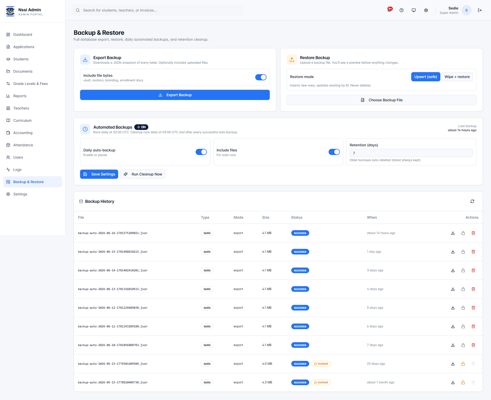 Automated backup and restore controls