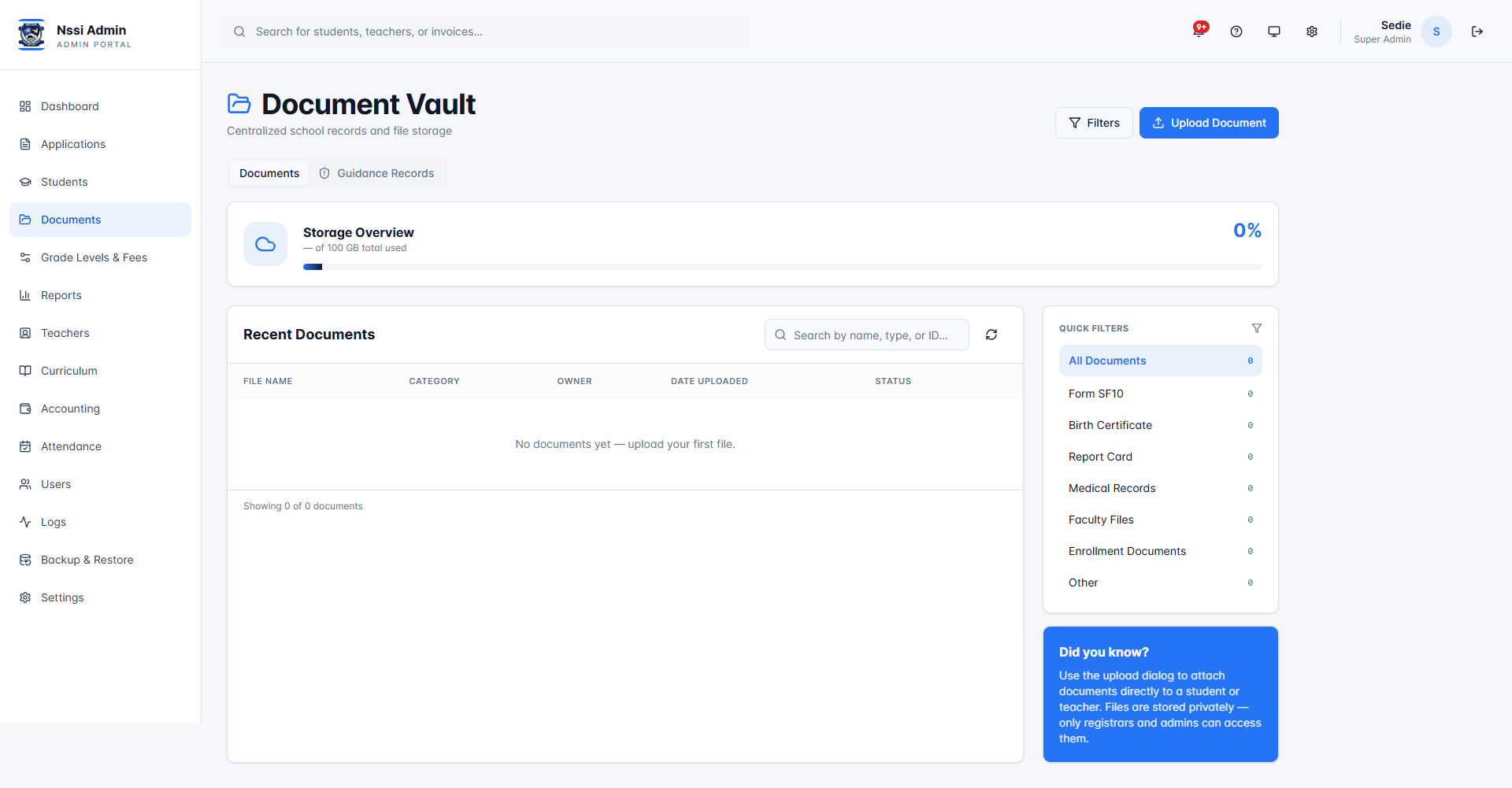 Centralized document vault for school records