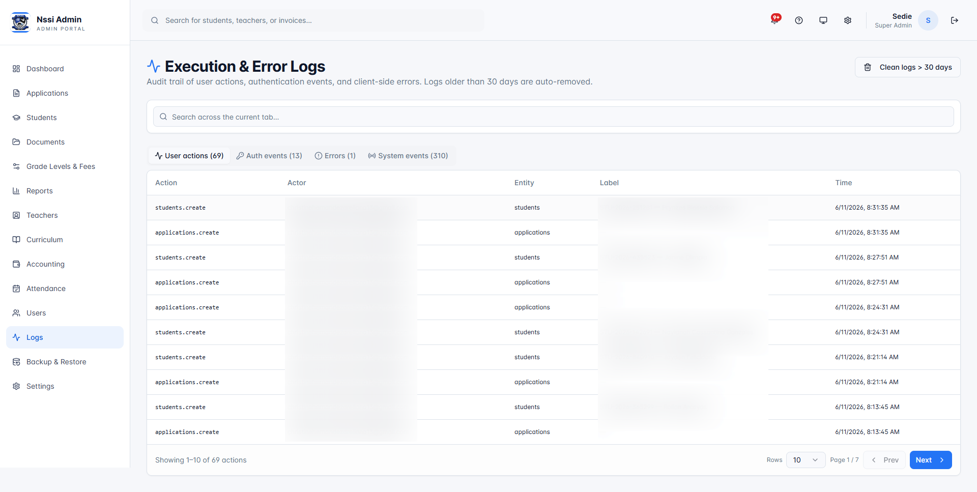 Execution and audit logs of user actions