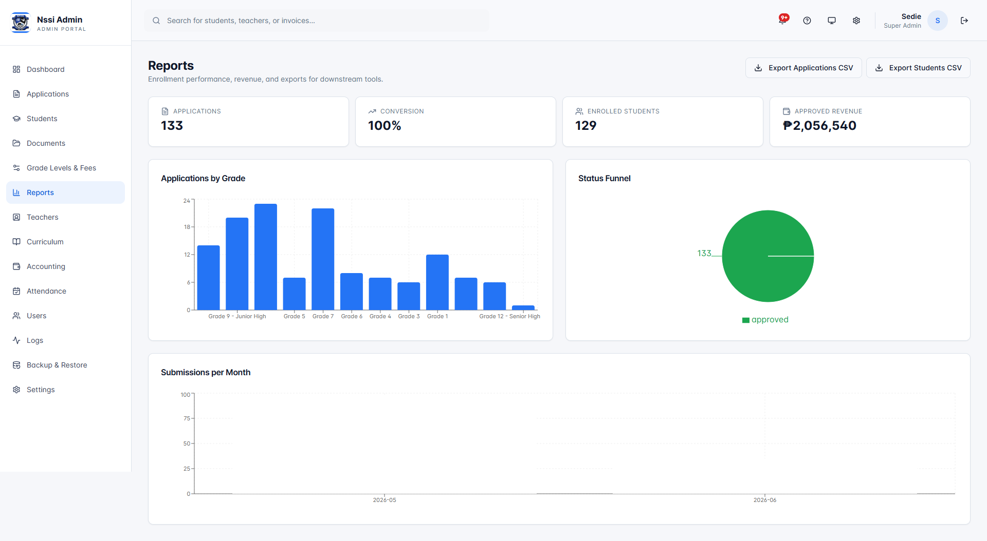 Enrollment and revenue reports with export options