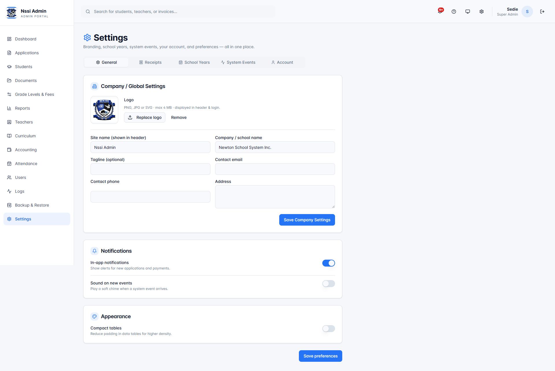 School branding and system settings
