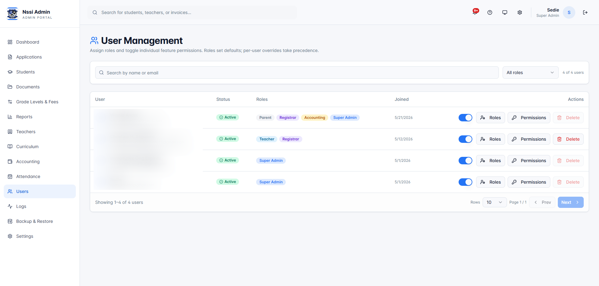 User management with roles and permissions
