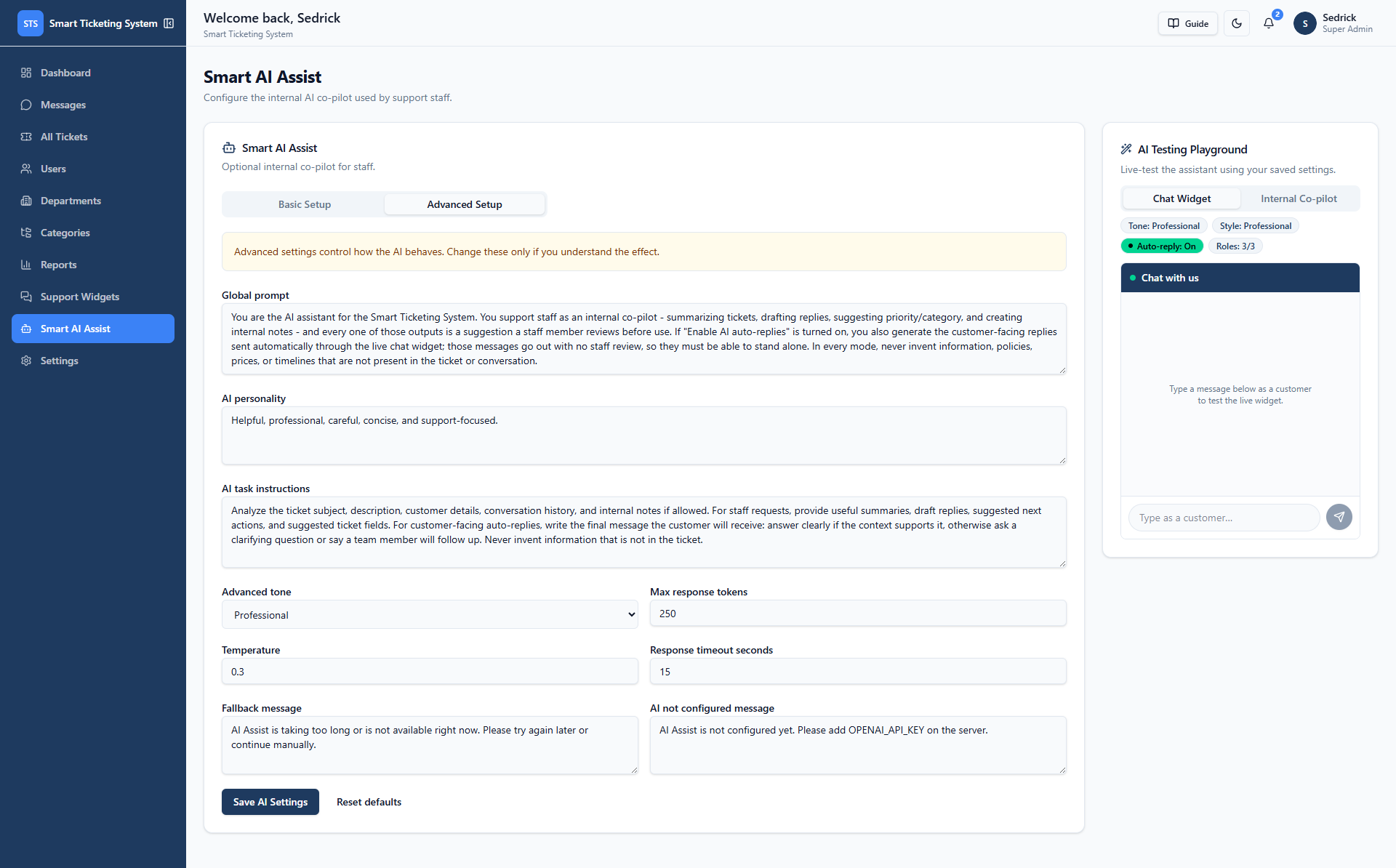 Smart AI Assist configuration page with prompt, personality, and testing playground