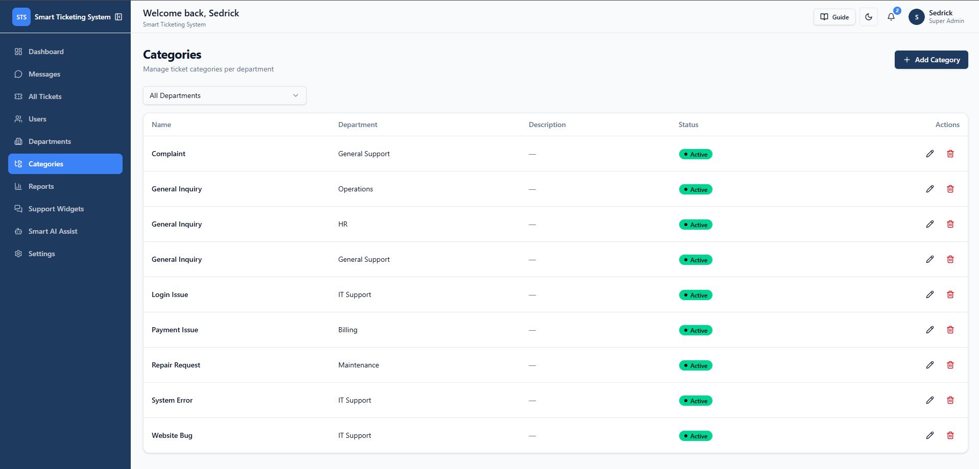 Categories page showing ticket categories grouped by department